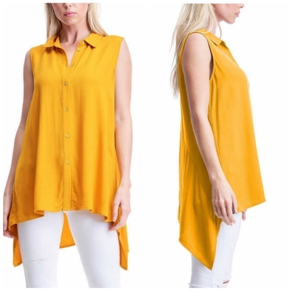 Fever Mustard Yellow Sleeveless Button Down Tunic Size L Lightweight Boho Beachy